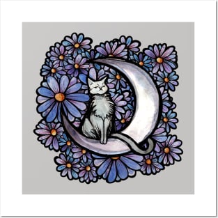 Grey Cat Daisies Posters and Art